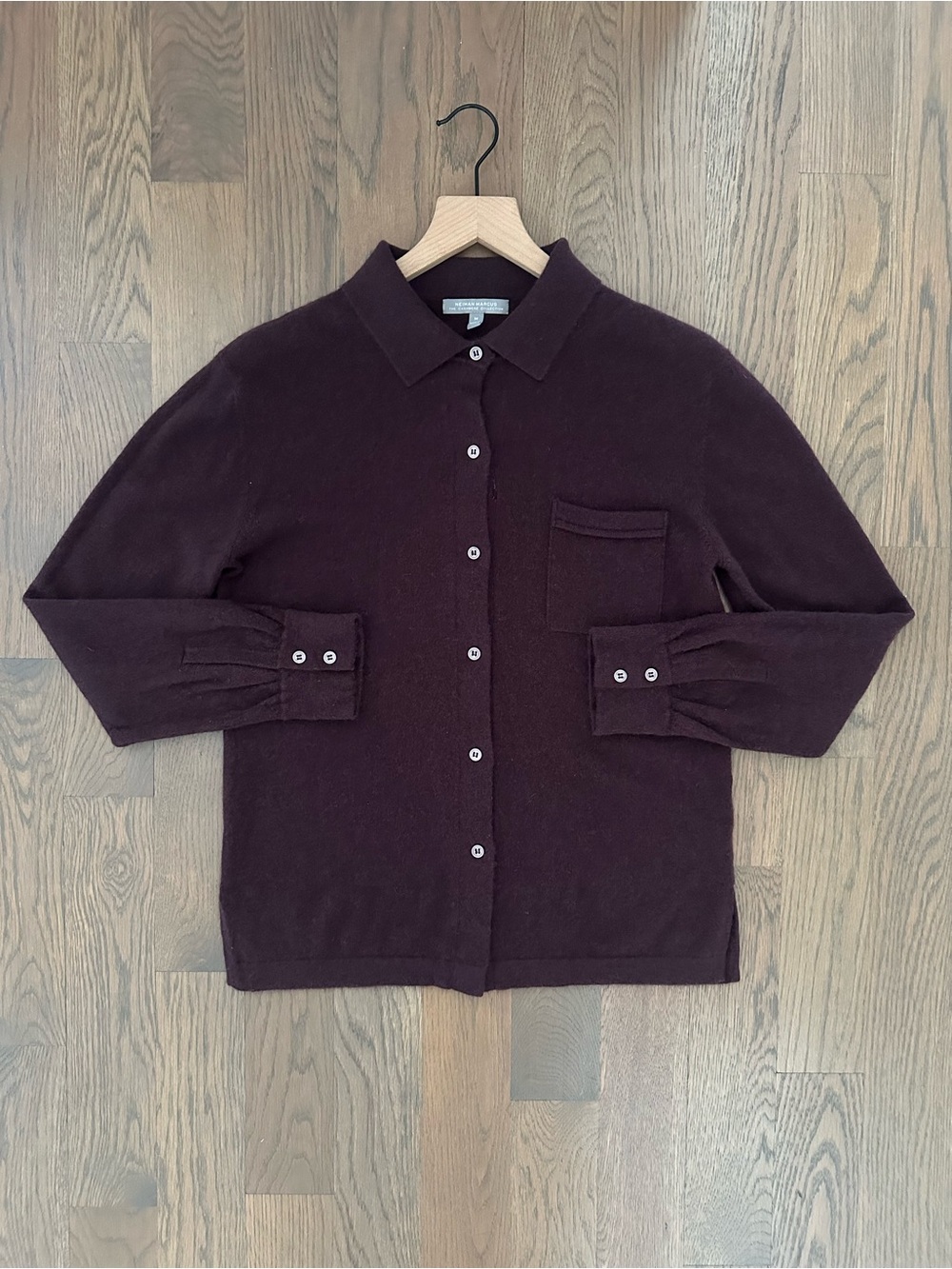 Neiman Marcus Collared Cashmere Shirt Cardigan Sweater in Deep Plum Medium